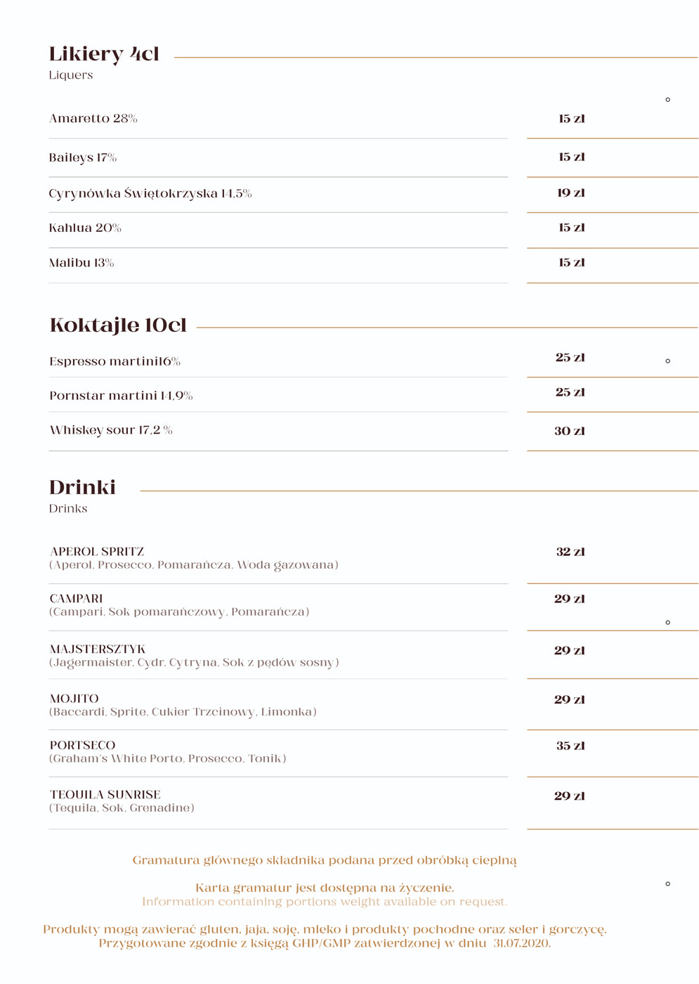 Menu barowe z sekcjami Likery 4cl, Koktajle 10cl i Drinki, z cenami