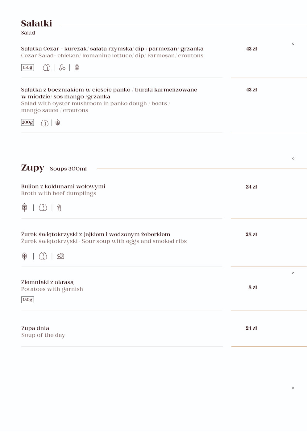 Karta dań z sekcją Sałatki i Zupy, nazwy i ceny potraw