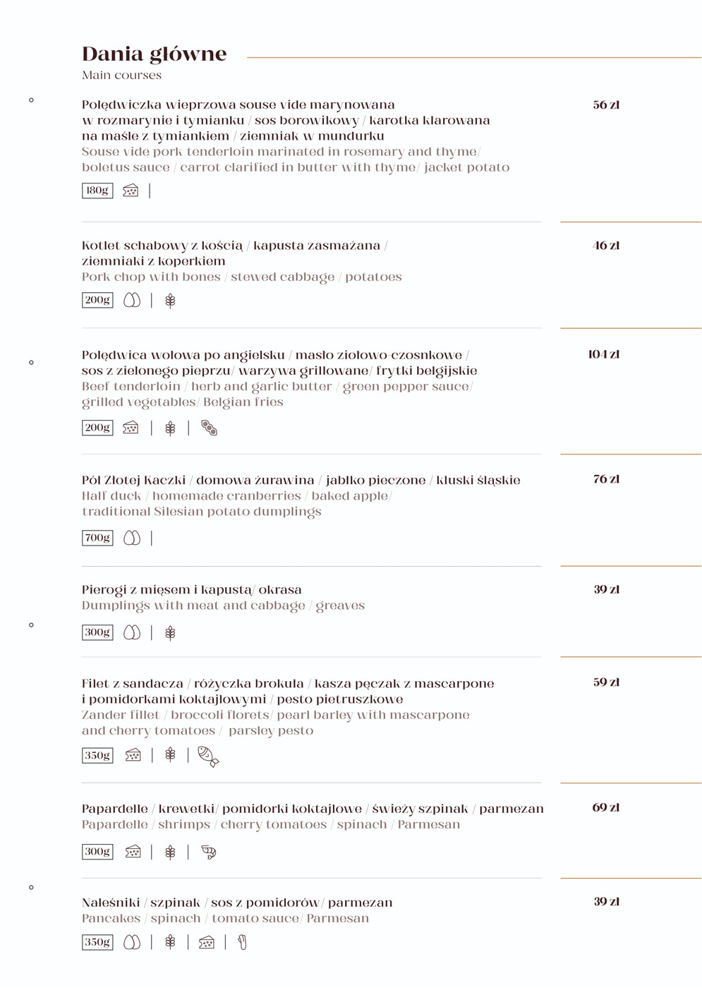 Menu danie główne z pozycjami, opisami, wagami i cenami