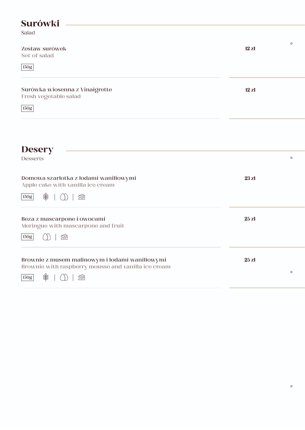 Menu restauracyjne z sekcjami Surówki i Desery, ceny 12–25 zł