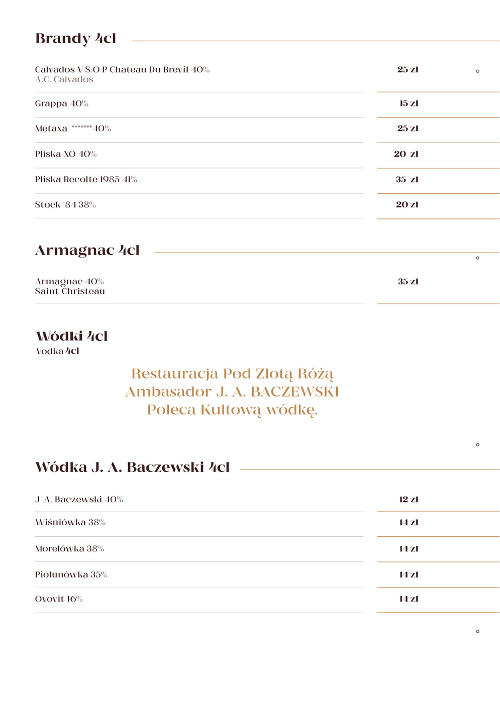 Karta alkoholi z sekcjami Brandy, Armagnac i Wódka z cenami