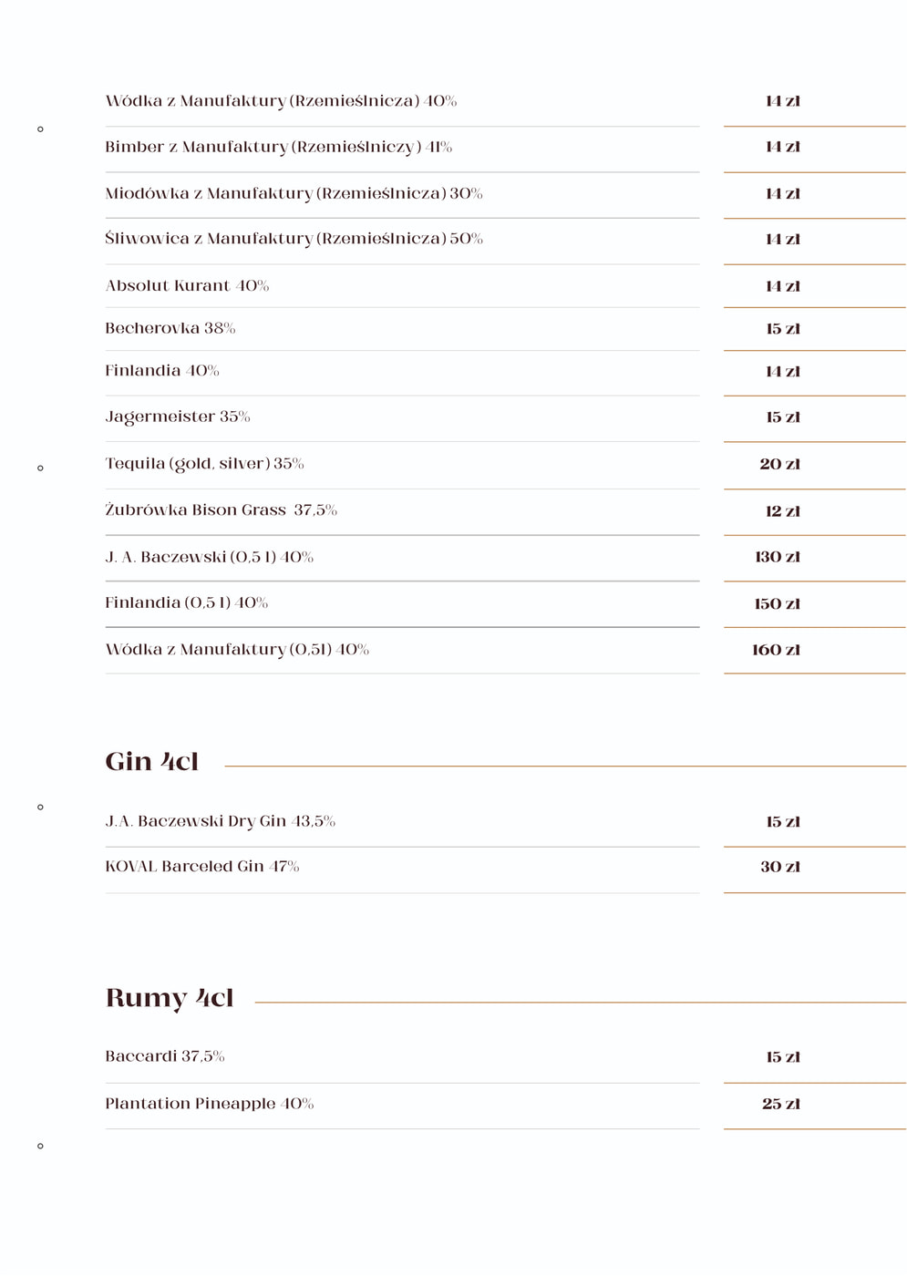 Menu alkoholi z sekcjami Gin i Rumy oraz ceny napojów w zł
