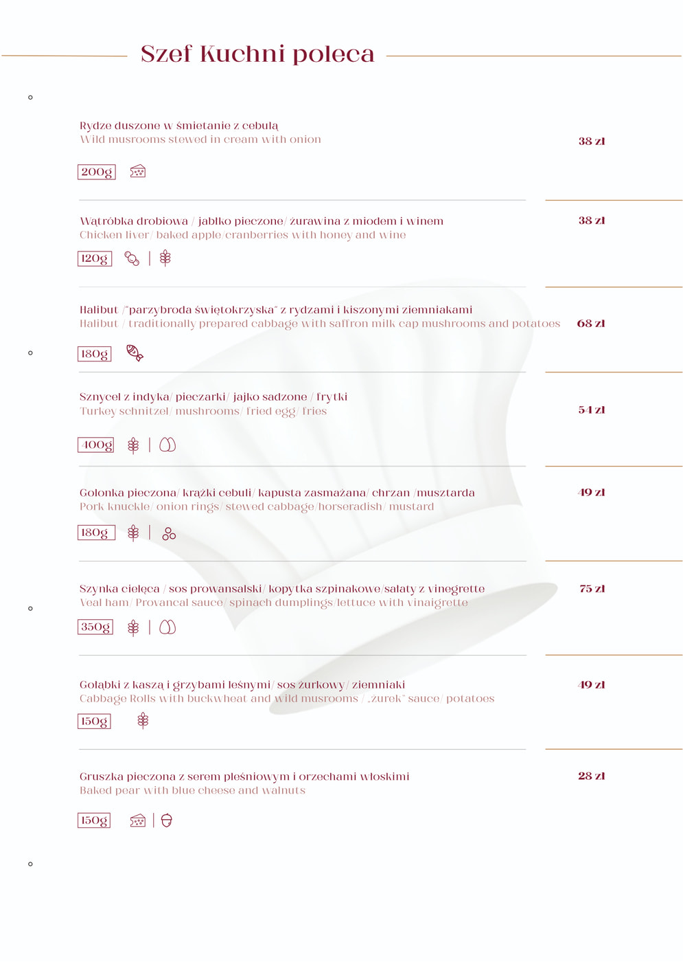 Sekcja Szef Kuchni poleca na karcie z daniami i cenami w zł